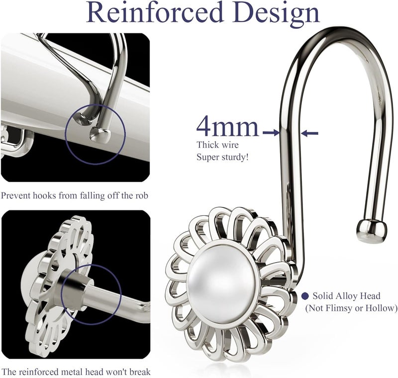 iToplin Nickel Shower Curtain Hooks Rings, Decorative Shower Curtain Hangers, Heavy Duty Metal Shower Rings, Sunflower Shower Hooks for Shower Curtain Rod and Liner, Bathroom Curtain Hooks, Set of 12 - Image 5